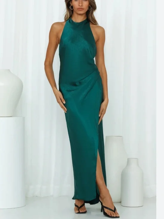 Hello Molly Emerald Halter Satin Maxi Dress - Picture 1 of 5